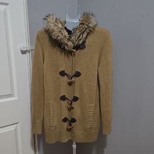 Michael Kors Women's Tan Sweater Coat with Faux Fur Hood Cabincore Cozy Wool
